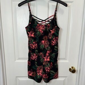 Floral Print Women's Romper - Black and Pink
